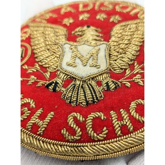 Vintage Bullion Wire Madison High School Eagle Crest 1957 Patch Pin Red Gold 3" - Picture 6 of 11